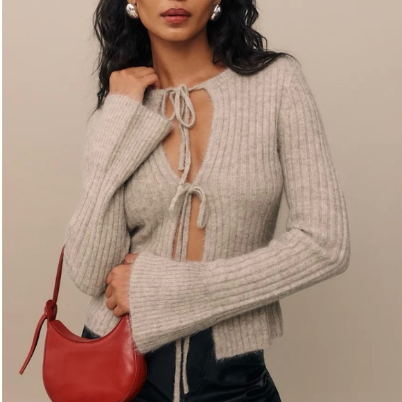 Reformation Rebecca Cashmere Alpaca Tie Front Cardigan Small in Barely Tan - Picture 6 of 8